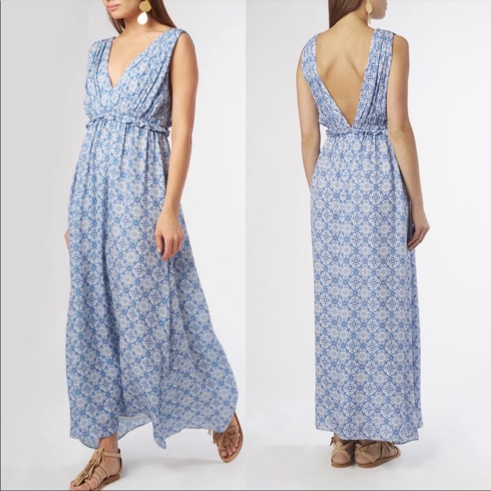 Nieves Lavi Comporta Georgette Silk Maxi Dress in Blue white NWT